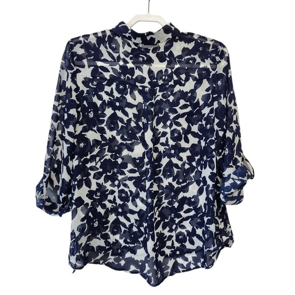 Madison Paige Women's XL Sheer Roll Tab Sleeve Top Navy White Office Travel - Picture 3 of 13